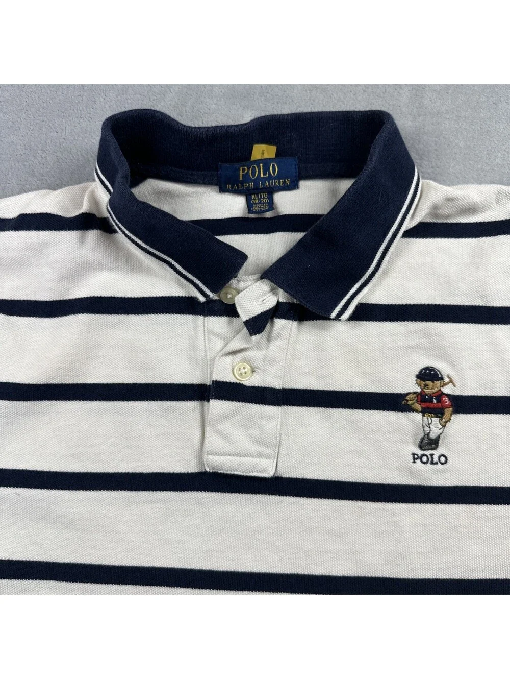 Polo Ralph Lauren Bear Polo Boys XL 18/20 White Stripe Shirt Graphic Classic